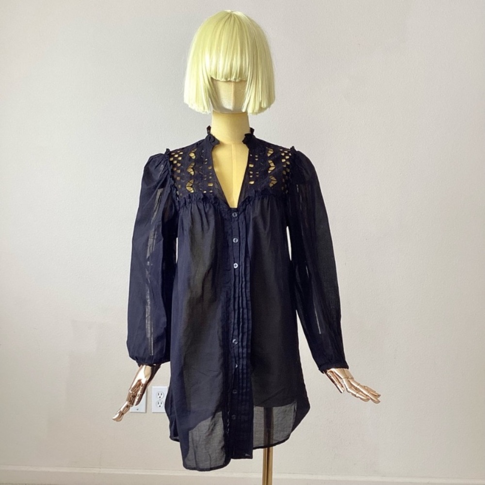 Alice by Temperley Black Eyelet Trim Long Sleeve Top SZ 2